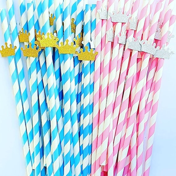 Paper Straws Candy Striped Glitter Crown Birthday Party Baby Shower Princess Prince (QTY 25)