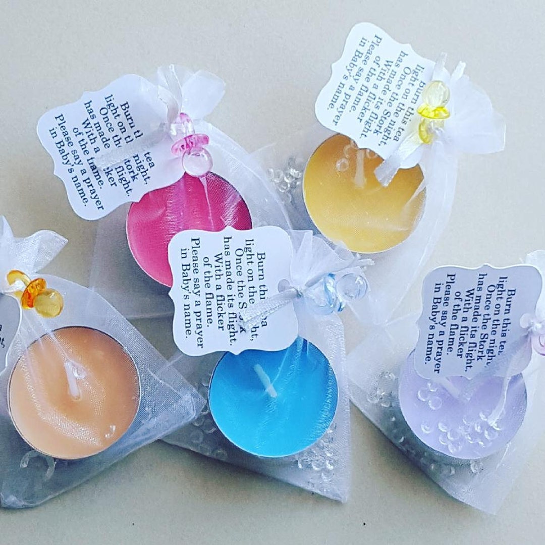 Baby Shower Favours Scented Tealight Candle in Tulle Bag. Poem Tag