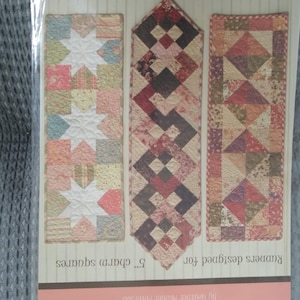 以下が含まれることがあります： ヘザー・マルダー・ピーターソンによる「リトル・チャーマーズII」というタイトルのキルトパターンブックレット。このブックレットは、5インチのチャームスクエア用のテーブルランナーデザインを3つ紹介しています。デザインには、星形パターン、幾何学模様、パッチワークパターンが含まれています。