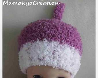 birth cap "SWEET" BONNET, girl cap, purple and white cap, knit cap, knitting baby,