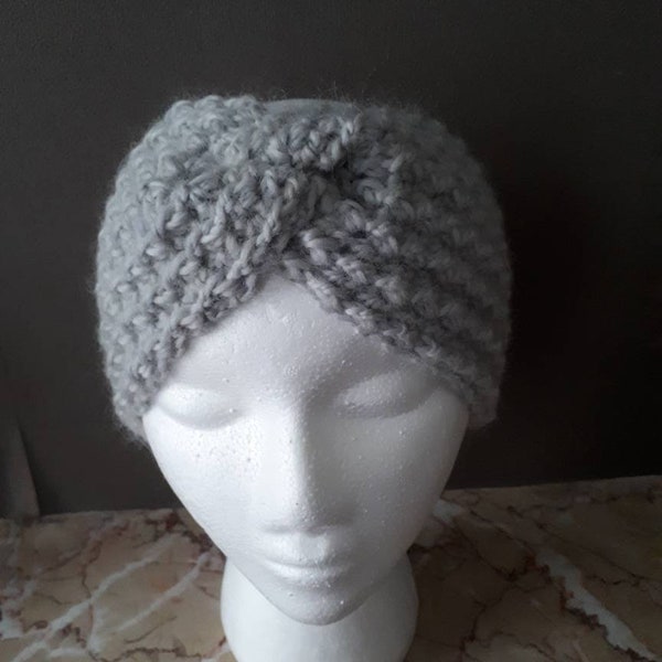 Bandeau femme ou enfant crocheté main pure laine , headband gris clair, hair band