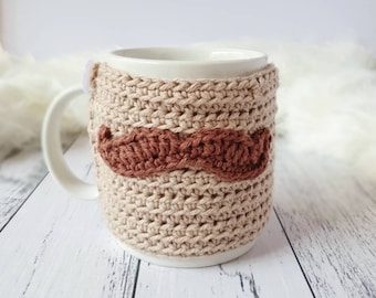 Crochet Mustache Mug Cosy in Beige & Brown - Standard Mugs - Gift for Father's Day or Dad's Birthday - mug cozy
