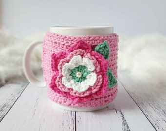 Crochet Pink Flower Mug Cosy - Standard Mugs -  mug cozy