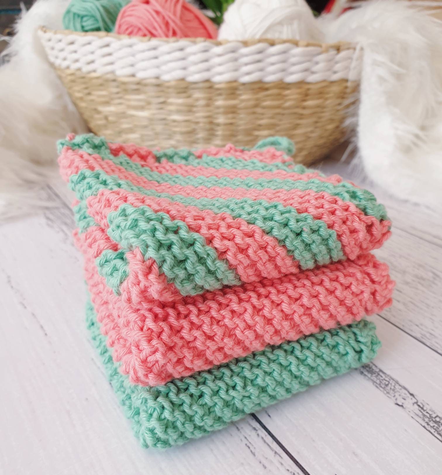 100 Cotton Hand Knit Kitchen Dishcloths/washcloths Set of 3 approx