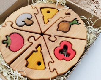 Wooden play food, Handcrafted Wooden Pizza Puzzle Toy, Miniature Food, Fun Educational Gift for Kids, Christening Gifts, Montessori Toys