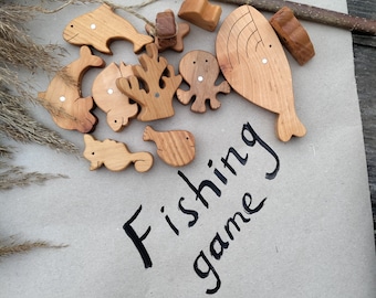 Wooden fishing magnetic game 10 wooden fish Waldorf & Montessori wood motor skills toys Wooden fishing rod