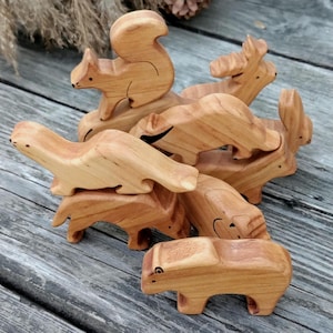 Wooden animal figurine toy,wooden forest animal set,wild animal set,forest animals,wooden bison bear,wolf,fox,hare