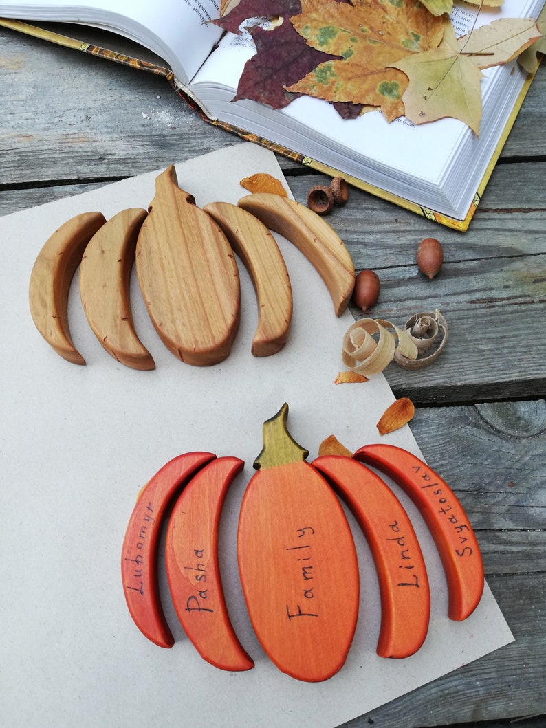 Wooden pumpkin Motor skills Kids room decor Fridge magnet Wooden decor rustic Engraving Personalized gift Montessori Waldorf gifts image 5