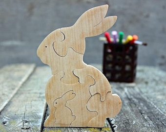 Houten dierenpuzzel Hout Konijn puzzel Handgemaakt speelgoed Babyshower Montessori houtspeelgoed fijne motoriek