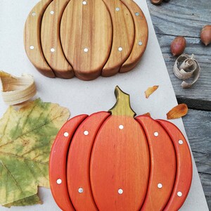 Wooden pumpkin Motor skills Kids room decor Fridge magnet Wooden decor rustic Engraving Personalized gift Montessori Waldorf gifts image 2