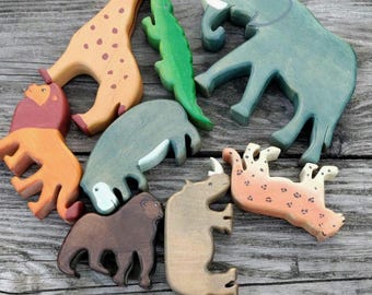 Wooden African animals \ Wooden play set \ Wild animals \ Animals figurines \ Montessori baby and toddler toys \ Children's educational toy