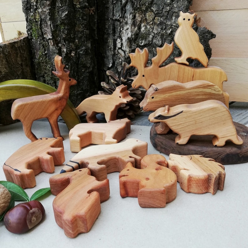 Animaux de la forêt en bois, Animaux en bois naturel, Animaux Montessori, Cadeau en bois pour enfants, Ensemble de jeu, Jouet pour tout-petit image 5