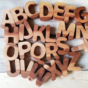 May include: Wooden alphabet blocks in various shades of brown, arranged in a circle on a light wood surface. The letters are all uppercase and are slightly rounded.