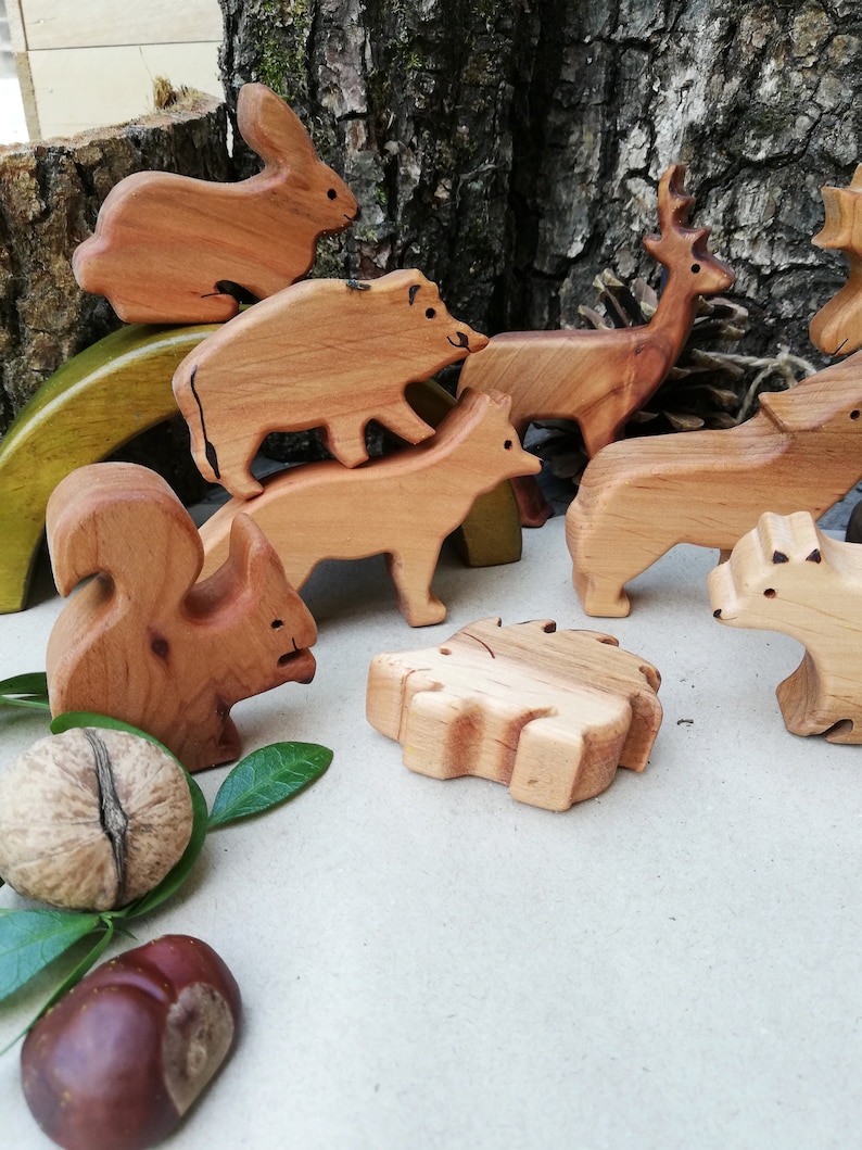 Animaux de la forêt en bois, Animaux en bois naturel, Animaux Montessori, Cadeau en bois pour enfants, Ensemble de jeu, Jouet pour tout-petit image 6