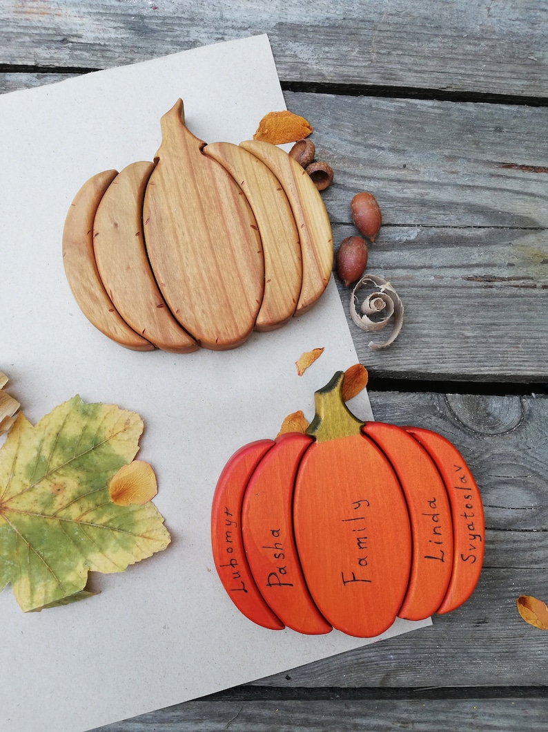 Wooden pumpkin Motor skills Kids room decor Fridge magnet Wooden decor rustic Engraving Personalized gift Montessori Waldorf gifts image 1