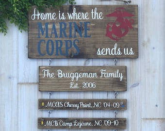 USMC Home Is Where The Marine Corps Sends Us military duty station sign, perfect housewarming gift or retirement gift that SHIPS FREE