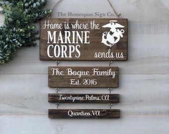 USMC Home Is Where The Marine Corps Sends Us military duty station sign, perfect housewarming gift or retirement gift that SHIPS FREE