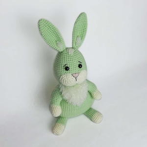 Può includere: Un coniglio di peluche verde all'uncinetto con pelliccia bianca intorno al collo e occhi neri.