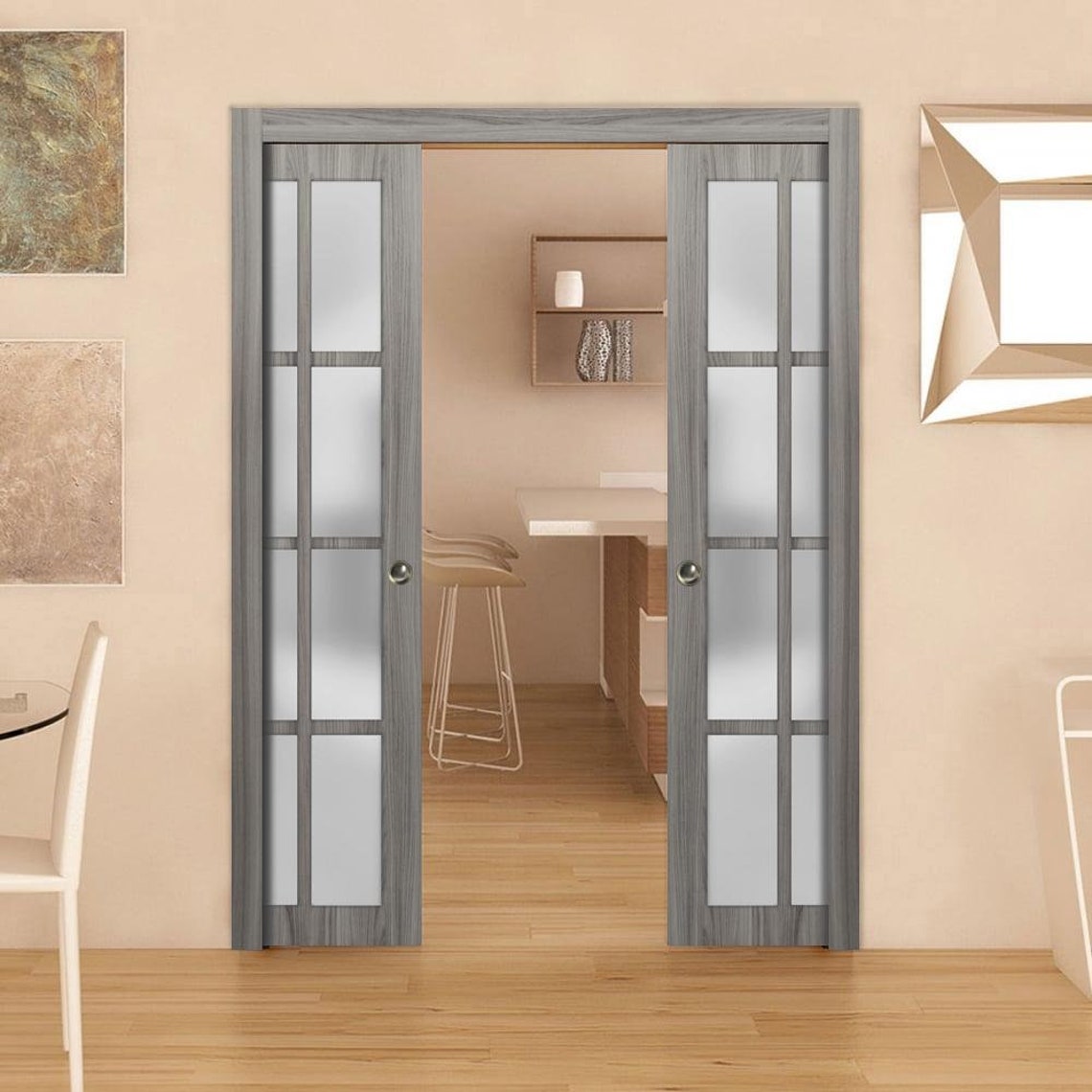 Sliding French Double Pocket Doors Frosted Glass 12 Lites Etsy