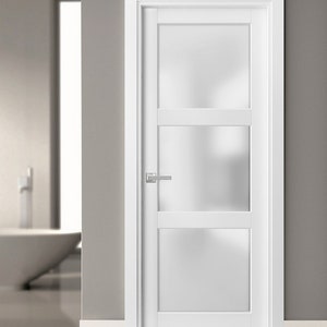 Solid French Door Frosted Glass 3 Lites Lucia 2552 Matte White Single Regular Panel Frame Trims ...