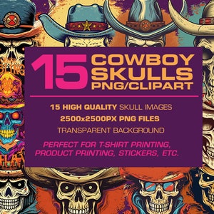 15 Cowboy Skulls Clip Art Bundle | Cowboy Skull Clipart | Skull Sublimation Design | Skull Printable | Trendy Skull PNG | Skull Sticker