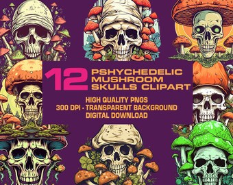 12 Psychedelic Mushroom Skulls Clip Art Bundle | Skull Sublimation Design | Skull Printable | Trendy Skull PNG | Skull Sticker