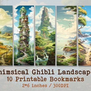 10 Whimsical Anime Landscapes | Printable Bookmarks | Studio Ghibli Style Illustration | Digital Download PNG Bookmark Sheets | 2x6in