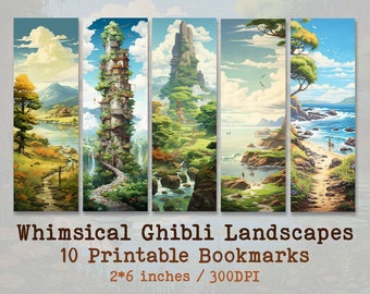 10 Whimsical Anime Landscapes | Printable Bookmarks | Studio Ghibli Style Illustration | Digital Download PNG Bookmark Sheets | 2x6in