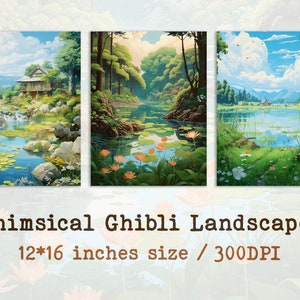 Whimsical Lake Landscape | Studio Ghibli Inspired | 12*16 IN | Digital Printable Poster Set of 3