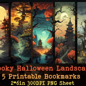 5 Spooky Anime Landscapes | Halloween Printable Bookmarks | Studio Ghibli Style Illustration | Digital Download PNG Bookmark Sheets | 2x6in