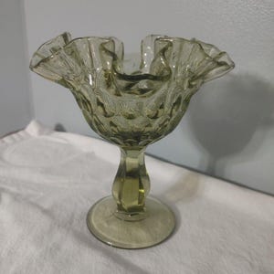 Fenton Green Glass Thumbprint Compote Ruffled Rim Pedestal Candy Dish MCM