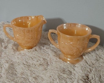 Vintage Fire King Marigold Glass Peach Lusterware Sugar Bowl and Creamer Set with leaf design 1950s