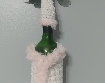 Christmas Handmade Crocheted Wine Cozy with faux fur trim and hat wine lover/hostess gift/barware