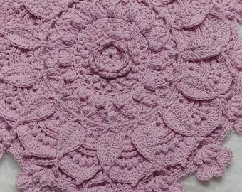 Handmade Pink Cotton Crocheted Espiritu del Sol Flower Small Size Doily Table Topper Texture Yarn Art 14" at points