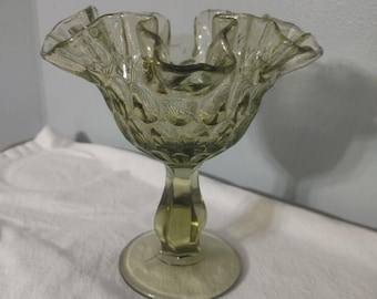 Fenton Green Glass Thumbprint Compote Ruffled Rim Pedestal Candy Dish MCM