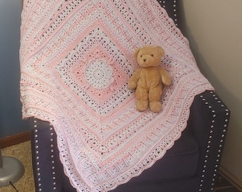 Handmade Crocheted super soft lightweight Square baby blanket  pink/purple/blue