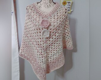 Handmade Crocheted Acrylic/Wool Granny Stitch Poncho with 2 Flower Detail Cool Warm Colors