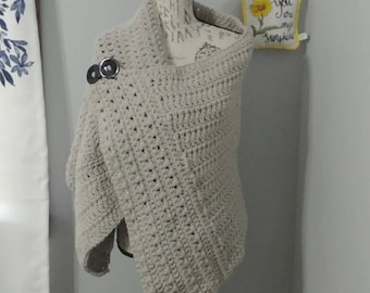 Crocheted Handmade Shawl Poncho Left-Handed Large Button 100% Polyester Super Soft Heavyweight Texture