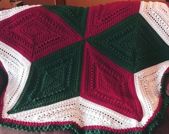 Christmas Themed Geometric Flower Design Crocheted Forest Green, Cranberry & Antique White Throw/Blanket decor