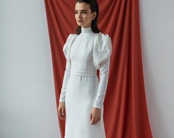 Modern long sleeve wedding dress Minimalist a line wedding dress Simple wedding dress mock neck Modest wedding gown