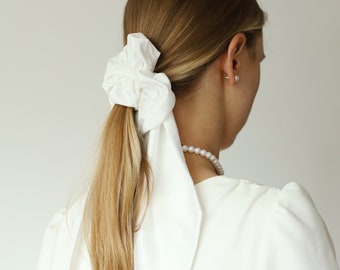 White satin hair tie for bride Simple satin scrunchie Wedding hair ties for bride Minomalist long hair accessory