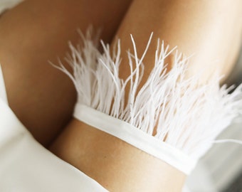 Custom Feather Bridal Garter: Eggshell White Crepe, Minimalist Wedding