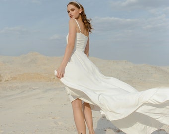 Minimalist Crepe Wedding Dress, Sweetheart Neckline, Long Train