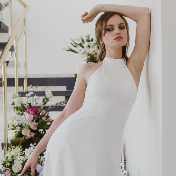 A line wedding dress mock neck Minimal bridal dress with pockets Simple wedding gown open back decorative tulle sleeveless Made to order