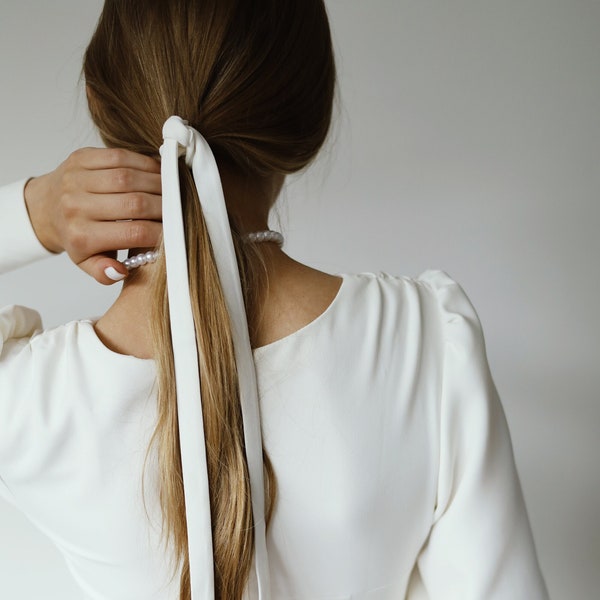 White cotton hair ribbon for bride Long hair ribbon Minimalist long hair accessory Bridal hair accessory