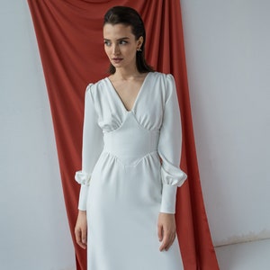 Modest wedding dress long sleeve, corset imitation Minimalist wedding gown V neck a line bridal dress Full sleeve wedding dress long train