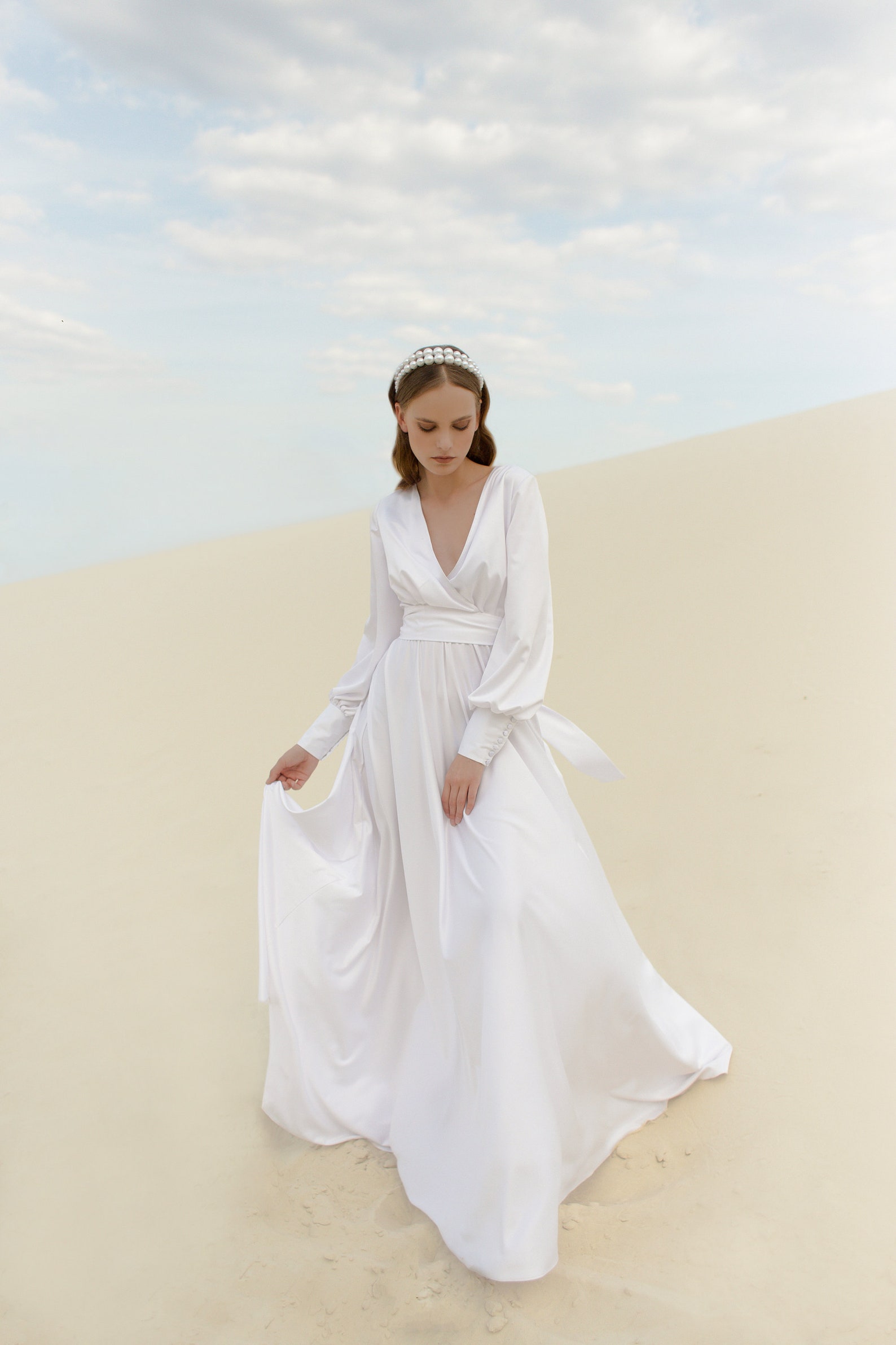 Sleeve Bridal Dress With Belt Satin Romantic Wedding Etsy