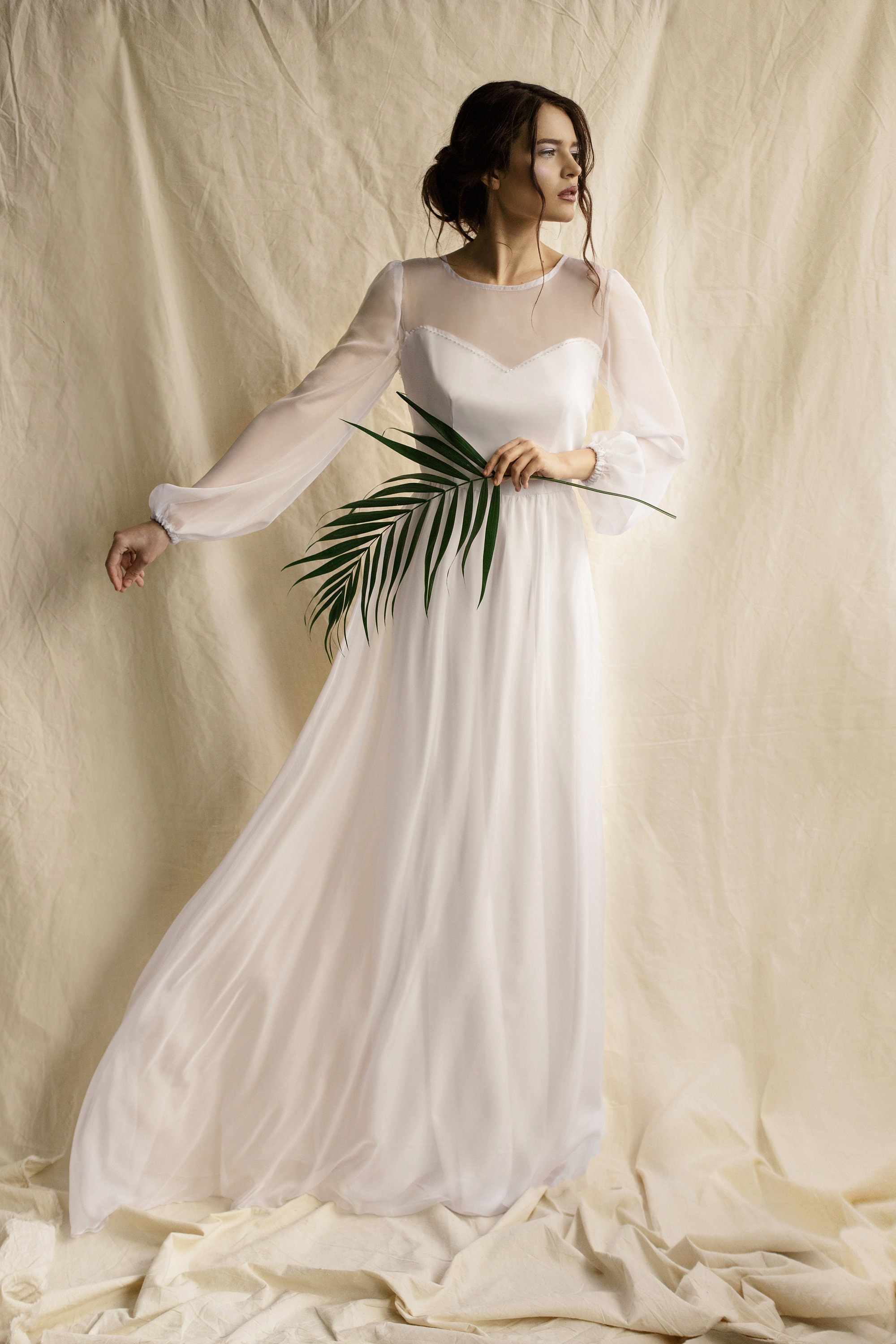 Simple Boho Wedding Dress Long Puff Sleeve Romantic Chiffon