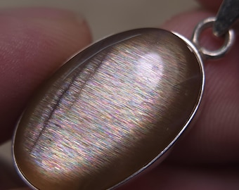 Rainbow Meteor Shower Sunstone Silver Pendant 29 x 15mm A4942