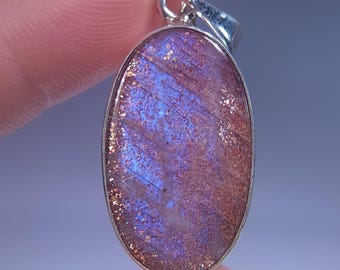 Electric Sunstone Dual Sheen Confetti and Blue Moonstone Silver Pendant 26x16x5 mm  A4715